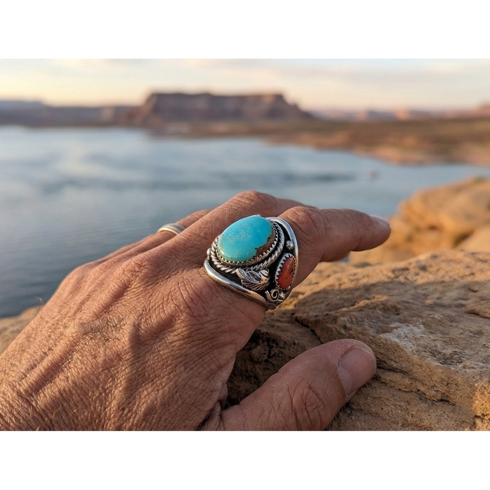 Navajo Mens Ring Sterling Turquoise Coral Signed by Kree Blanchard size 9.75